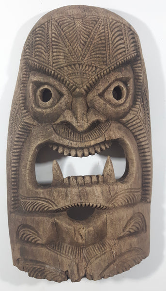Vintage Tiki God Bottom with Fangs Detailed 8 3/4" x 15" Curved Carved Wood Mask