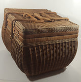 Vintage Large Tightly Woven Bowed Wicker Picnic Basket with Lid