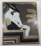 1980s Art Deco Style Fashionista Vogue Glamourous Woman with Black Hat Gold Foil 16 1/4" x 20" Thin Metal Framed Wall Mirror Art Picture