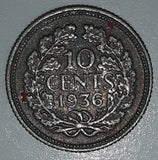 1936 Netherlands Wilhelmina 10 Cents Metal Coin