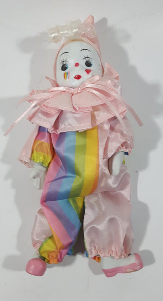 Vintage Clown with Pink and Rainbow Costume 9" Tall Porcelain Doll