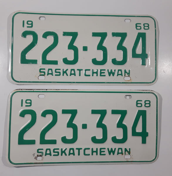 Set of 2 1968 Saskatchewan Metal Vehicle License Plate Tag 223 334