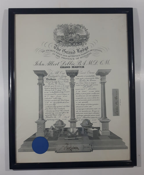 Antique 1941 Mason's of Canada The Grand Lodge Ontario John Albert Dobbie Grand Master 15" x 19" Wood Framed Certificate Signed