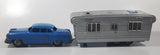 Vintage 1950s SSS Japan Blue Car and Silver Camper Trailer Pressed Steel Friction Toy Car Vehicle