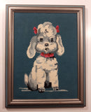 Vintage Grey and White Girl Poodle Puppy Dog With Pink Bows 14 1/2" x 18 1/2" Framed Cross Stitch Needle Point Picture