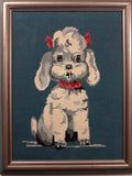 Vintage Grey and White Girl Poodle Puppy Dog With Pink Bows 14 1/2" x 18 1/2" Framed Cross Stitch Needle Point Picture