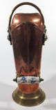 Vintage Lions Head Copper and Brass 13 1/4" Tall Ash Scuttle Bucket with Delft Blue Porcelain Hand Painted Handle
