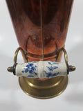 Vintage Lions Head Copper and Brass 13 1/4" Tall Ash Scuttle Bucket with Delft Blue Porcelain Hand Painted Handle