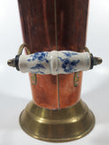 Vintage Lions Head Copper and Brass 13 1/4" Tall Ash Scuttle Bucket with Delft Blue Porcelain Hand Painted Handle