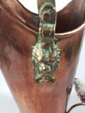 Vintage Lions Head Copper and Brass 13 1/4" Tall Ash Scuttle Bucket with Delft Blue Porcelain Hand Painted Handle
