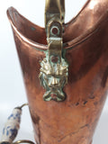 Vintage Lions Head Copper and Brass 13 1/4" Tall Ash Scuttle Bucket with Delft Blue Porcelain Hand Painted Handle
