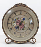 Antique Petit Point Embroidered Colorful Flower Bouquet Ornate Brass Filigree Gilt Wind Up Vanity Dressing Table Clock Made in GT. Britain