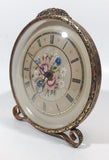 Antique Petit Point Embroidered Colorful Flower Bouquet Ornate Brass Filigree Gilt Wind Up Vanity Dressing Table Clock Made in GT. Britain