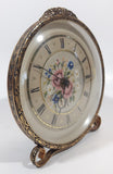 Antique Petit Point Embroidered Colorful Flower Bouquet Ornate Brass Filigree Gilt Wind Up Vanity Dressing Table Clock Made in GT. Britain