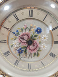 Antique Petit Point Embroidered Colorful Flower Bouquet Ornate Brass Filigree Gilt Wind Up Vanity Dressing Table Clock Made in GT. Britain