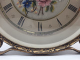 Antique Petit Point Embroidered Colorful Flower Bouquet Ornate Brass Filigree Gilt Wind Up Vanity Dressing Table Clock Made in GT. Britain