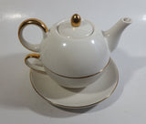 White and Gold Trim Combination Teapot Tea Cup Ceramic Collectible