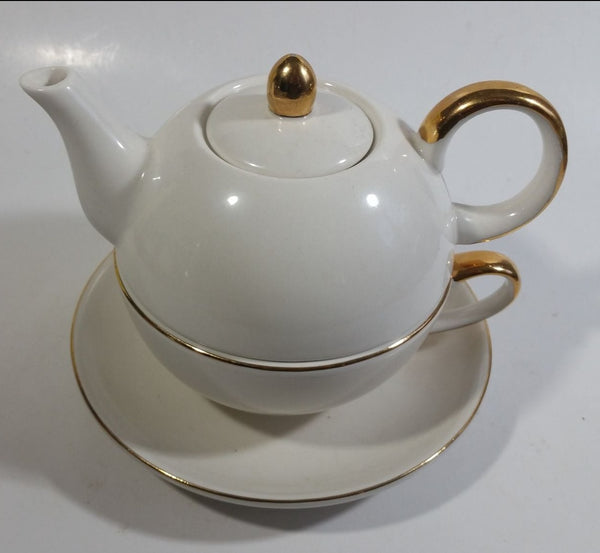 White and Gold Trim Combination Teapot Tea Cup Ceramic Collectible